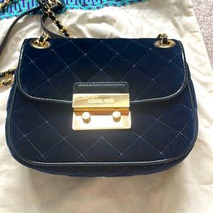 Michael Kors Sloan Velvet Quilted Shoulder Bag Dark Blue